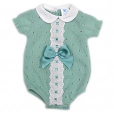 MC744-Sage: Baby Knitted Romper With Bow & Lace (0-9 Months)